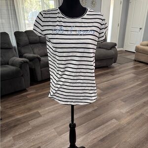 LOFT Black and White Striped Tee with Blue Accents